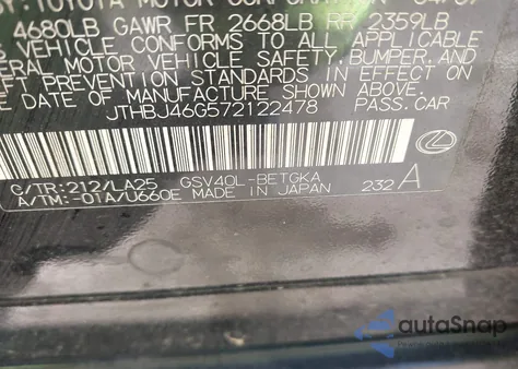 2007 Lexus Es 350 z USA, uszkodzony, nr VIN JTHBJ46G572122478